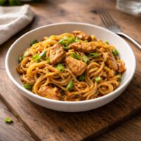 Quick chicken noodles in a white bowl on a wooden kitchen table, pan-fried chicken pieces on egg noodles with spring onions, natural daylight, home-cooked look.