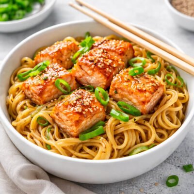 Quick salmon noodles in a white bowl on a kitchen table, pan-seared salmon pieces on egg noodles with spring onions, natural daylight, home-cooked look.