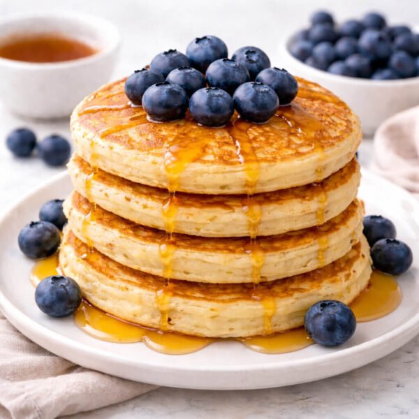 Four fluffy American blueberry pancakes stacked on a plate, golden and soft, fresh blueberries on the side, natural daylight, home-style breakfast.