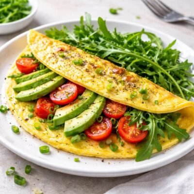 Avocado omelette topped with cherry tomatoes, spring onions and fresh arugula on a white plate, natural daylight, healthy home-style breakfast.