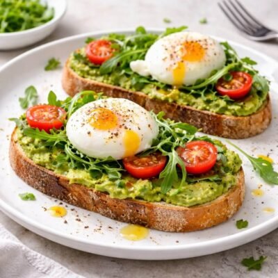 Two slices of avocado toast topped with poached eggs, cherry tomatoes and fresh arugula on a white plate, natural daylight brunch setting.