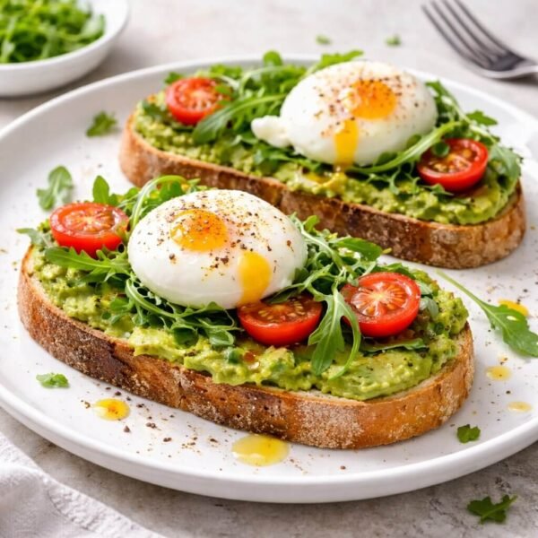 Two slices of avocado toast topped with poached eggs, cherry tomatoes and fresh arugula on a white plate, natural daylight brunch setting.