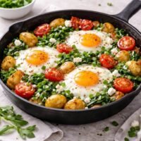 Cast iron brunch skillet with sunny-side-up eggs, roasted baby potatoes, spinach, cherry tomatoes and feta cheese, warm natural kitchen lighting.