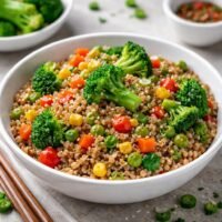 Buckwheat bowl with boiled broccoli florets and mixed vegetables, seasoned with soy sauce, served in a white bowl on a kitchen table, natural daylight, healthy home-cooked meal.