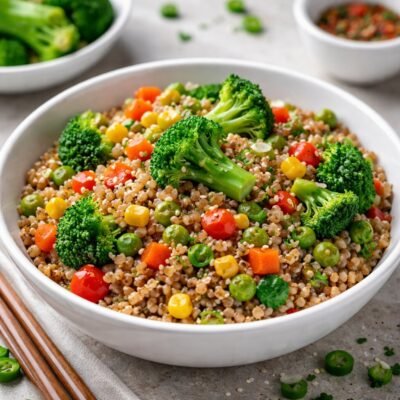 Buckwheat bowl with boiled broccoli florets and mixed vegetables, seasoned with soy sauce, served in a white bowl on a kitchen table, natural daylight, healthy home-cooked meal.