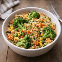 Quinoa veggie bowl with broccoli and mixed vegetables in soy sauce