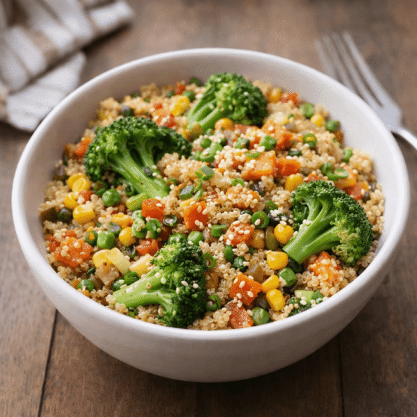 Quinoa veggie bowl with broccoli and mixed vegetables in soy sauce
